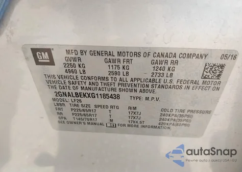 2016 Chevrolet Equinox Ls z USA, uszkodzony, nr VIN 2GNALBEKXG1185438